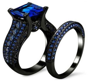 FDLK Black Gold Rhinestone Princess Cut Black eller Blue CZ Wedding Engagement Band Bridal Rings Set storlek 512 Q07082187957