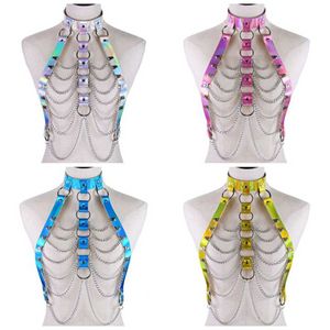 Sexy Goth Holographic Bodychain Harness Top Punk Women Holo Rainbow Chest Waist Chains Festival Rave Outfit Choker Jewelry Party Gift