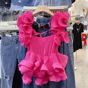 Kvinnors blusar 2023 Summer Fashion Chiffon Top Korean Folds Edible Tree Sling Blus Women's Off Shoulder Ruffles Blusas Shirt