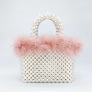 Shoulder Bags Faux Fur Pearl Evening Women Hand Woven Panelled Beaded Tote Purses and Handbags Female Cute Dinner Party New 230426