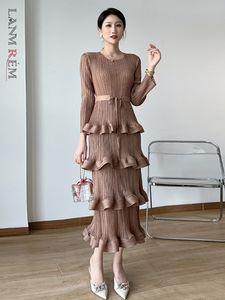 Casual Dresses LANMREM Long Pleated Dress Women Round Neck Solid Color Ruffles Cake Belt Dresses Multi-layer Female Elegant Clothing 2R6863 230512