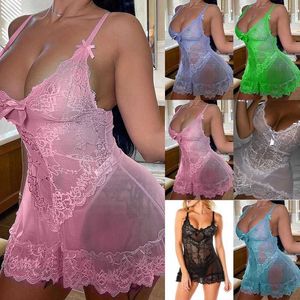 Women's Sleepwear Plus Size Women Sexy Lace Nightdress Night Dress V Neck Sleeveless Spaghetti Straps Mesh See-through Nightgown Exotic Lingerie P230511