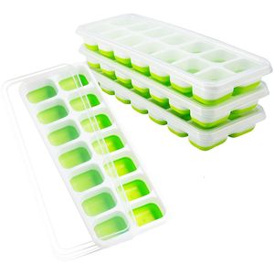 Glassverktyg 2st/par 14 rutnät Silikon Summer Ice Cube Tray Flexibel Freezing Ice Box For Fruit Jelly Maker Mold med täcklock 230512