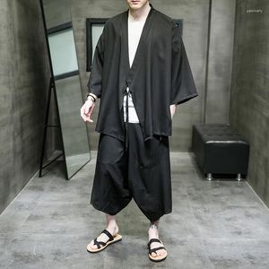 Etniska kläder M-5XL Plus Size Men Kimono Cardigan med Cross Pants Two Pieces Set Plain Color Summer Streetwear Japanese Style