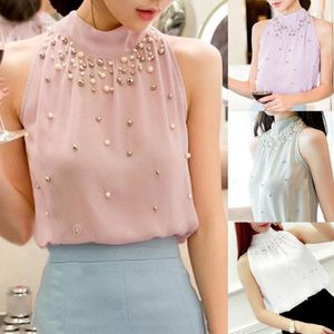 Women's Blouses Womens Top Women Stylish Solid Color Sleeveless Mock Neck Halter Blouse Beads Chiffon Fashion Clothing