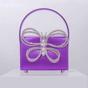 Shoulder Bags Rhinestone Butterfly Satin Box Handbags Women Boutique Glittering Crystal Pu Evening Clutch Purses and Wedding Party 230426