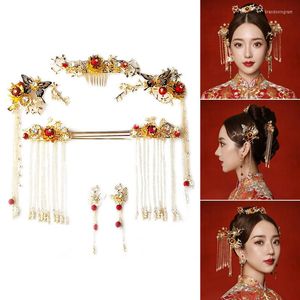 Halskette Ohrringe Set Chinesischer Hochzeitsschmuck Für Frauen Roter Kristall Quaste Haarnadel Ohrring Traditionelle Klassische Braut Haarschmuck