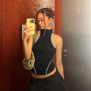 Women's T Shirts Contrast Panel Hollowed Out Shoulder Cut Tank Top Y2K Sexy Slim Fitting Sleeveless Summer Zipper Stand Collar Backless Vest