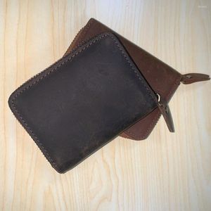 Plånböcker topp äkta läder herrplånbok mynt kortväska retro handgjorda för män blixtlåsväska kort brun tjock tjock