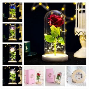 Rose varar för evigt med LED -lampor i Glass Dome Valentines Day Bröllopsdag Födelsedagspresent Party Decoration 5 Färger