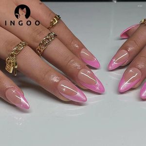 Falska naglar 24st. Återanvändbara mandel Fake Nail White Stars Press On Acrylic Y2K Pink Pearly Luster French Short With Lime