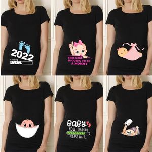 Maternidade Tops Tees Black Pregnancy Shirt Maternity Cute-pescoço curto Manga curta T-shirt Tops Tops Mom Roupas Baby Anunciamento