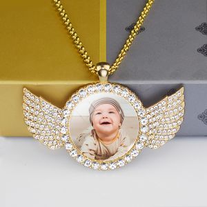 Custom Baby Photo Angel Wings Pendant with Long Chain Rhinestones Necklace Personalized Glass Dome Picture Jewelry