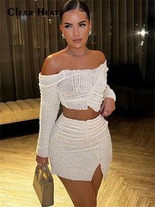 Two Piece Dress Sexy Side Slit Skirt Pieces Set For Women Off Shoulder Long Sleeve Crop Tops Mini Suit Female Night Party Club Outfits 230512