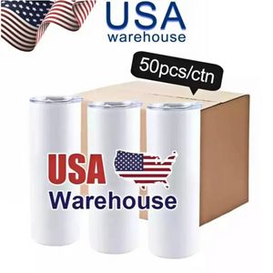 USA/CA Warehouse 20 Oz SubliMation Tumblers Rostfritt stål Dubbelväggisolerade kaffemuggar Vita raka tomma vattenflaskor