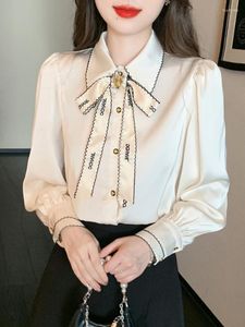 Bluzki damskie vintage solidne luźne krawat Koszulka Kobieta Elegancka odrzucona kołnierz rękawy proste wszechstronne fala bluzki 2023