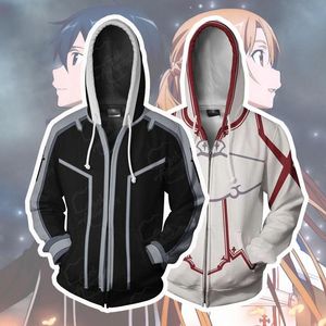 Męskie bluzy bluzy anime miecz sztuka online z kapturem cosplay 3D wydrukowane yuuki asuna z kapturem z kapturem z zapinany na zamek kurtka hoodiemen's