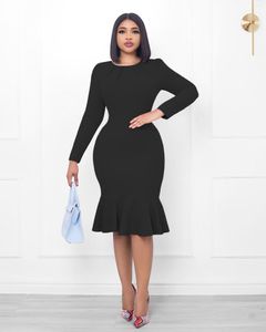 Casual Dresses Fashion Solid Midi Dress Women Autumn Winter Elegant O-neck Long Sleeve Bodycon Office Lady Work Pencil