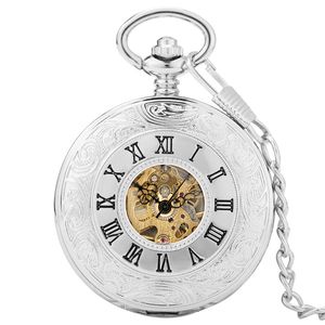Retro Vintage Silver Pocket Watch Mężczyźni Kobiety w wiwatie mechaniczne zegarek szkielet podwójny łowca Łańcuch FOB ELOJ DE BOL285H