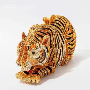 Axelväskor Tiger Crystal Evening Clutch For Wedding Party New Metal Bling Rhinestone Novelty Purses and Handbags Luxury Designer 230426