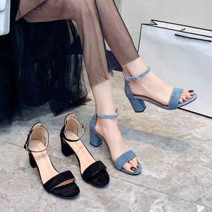 Sandalen High Heel Damenschuhe Sommer Sandale Leder Samt Offene Spitze Dicke Schnalle Tasche Schwarz Flip Flops Für Frauen 230417