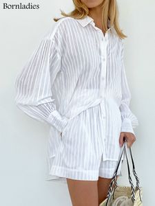 Women's Two Piece Pants Bornladies Casual Shorts Set Striped Jacquard 2 Piece Comfortable Polo Neck Lantern Sleeve Summer Dress Elastic Waist Shorts Set 230511