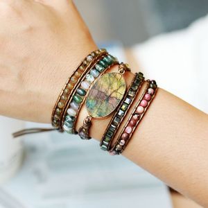 Chain Native Inspired Beads Leather Bracelet Labradorite Crystal 5 Strands Woven Wrap s Bohemian Statement Dropship 230511