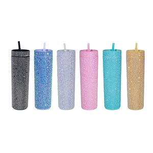 16oz Tumbler Double Wall Bling Water Bottle Glitter Rhinestone Plastic Cup With Lid Straw for Home Office Party Beach