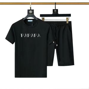 夏のデザイナー男性Tシャツショーツメンズセット半袖ショート2ピースのレタープリントピュアコットンTシャツを編むビーチのズボンカジュアルショートホワイトティー