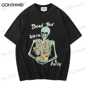 Camisetas masculinas de camiseta angustiada Hip Hop Funny Skull Skeleleton Camisetas de impressão de gato 2023 verão harajuku vintage de algodão casual de manga curta T230512