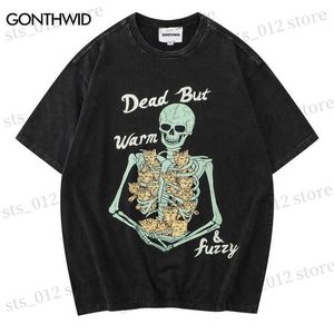 Męskie koszulki w trudnej sytuacji Tshirt Hip Hop Zabawny szkielet szkielet kota koszulki 2023 Summer harajuku vintage Casual Cotton krótkie rękaw T230512