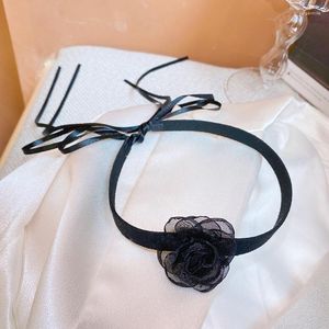 Choker super bajki czarny organza camellia kwiat ultra długa wstążka