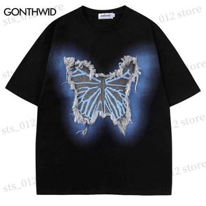 Мужские футболки Harajuku Streatwear футболка вышивая бабочка патч хлопковая футболка мужчина хип-хоп повседневные шейки для футболки 2023 Летняя мода Top T230512
