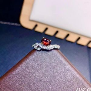 Cluster Rings 925 Pure Silver Chinese Style Natural Garnet Women's Luxury Trendy Simple Oval Justerable Gem Ring Fine Smycken Support