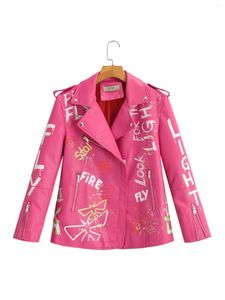 Kvinnor läder 2023 Kvinnor Autumn Winter Faux Soft Jackets Coats Lady Rose Red Pu Rivet Zipper Epaulet 3D Print Motorcykel Streetwear