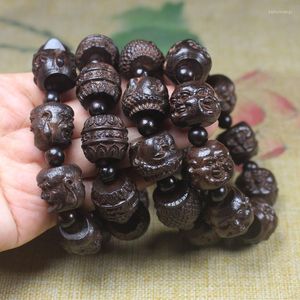 Strand Natural Coffee Hand Carving Buddha Head Armband Men Handmade Tibetan String Barrel Prayer Beads Bangles 20mm