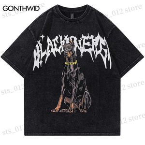 Erkek Tişörtler Vintage Punk T Shirt Street Giyim Hip Hop Doberman Köpek Hayvan Grafik Baskı Gotik Yıkanmış Tshirt Harajuku Moda Günlük Tee Tee T230512