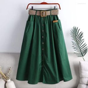 Kjolar tvättade bomullselastisk hög midja kjol med stora fickor koreansk stil mode split mid-längd skol uniform imperium