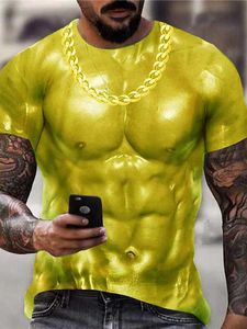 Camiseta RUKAS 3D Muscle Shirt Pescoço Corte Verde Azul Amarelo Prata Impressão 3D Casual Manga Curta Roupas Estampadas Esportivas / Verão / Original / Verão