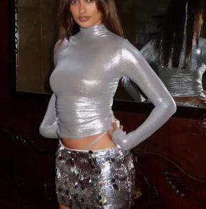 Women's T Shirts Crop Top Metallic Shiny Silver Mock Neck Long Sleeve Tees Sexy Tight T Shirts for Women Clothing 2023