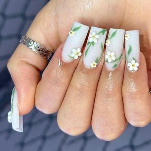 False Nails 24 PCs Green Leaf White Flowers Design Long Square Fake Full Cover Nail Tips DIY Beauty Manicure Extension Tools