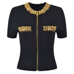 Summer Brand SAme Style Sweater Short Sleeve Cardigan Crew Neck Black White Khaki Beads Striped Fashion Clothes High Quality