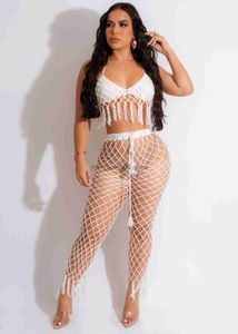 Women's Two Piece Pants Sexy Knitted Crochet Tassel Baddie Two Piece Set Women Summer Bandage Crop Top + Pants See Through Beach Outfits Cover Sets T230512