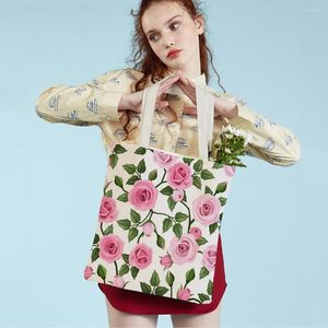 Borse per la spesa Borsa per uccelli floreali in cartone animato per donna Borsa tote in tela casual con stampa di fiori di rosa nordica moda riutilizzabile su entrambi i lati