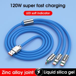 3 em 1 120W 6A Cabo USB Super Fast Charge 1.2m Cabos Cabos Líquidos Cabo de silicone líquido Micro para carregamento de telefone Android