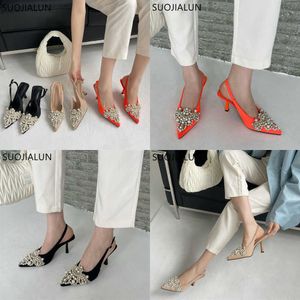 Sandali Autunno Punta a punta Shallow Slingback Fashion Beaded Ladies Elegant Thin High Dress Pumps Slip on Mules Shoes Muje 230316