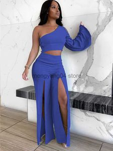 Women's Two Piece Pants Women 2 Two Piece Set Elegant Tracksuit One Shoulder Flare Sleeve Crop Top and Double High Split Wide Leg Trouser Co Ord Suits T230512