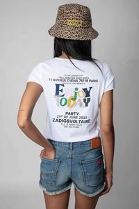 23ss Zadig Voltaire Женская дизайнерская футболка Модная новая маленькая любовь Граффити с надписью Hot Drilling U-образным вырезом Летние хлопковые футболки с короткими рукавами