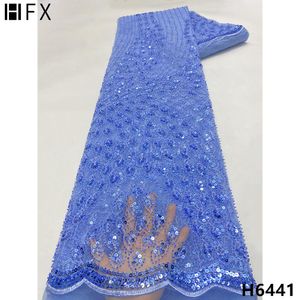 Tyg HFX Blue Luxury Sequence Lace Fabric Embroidery Beads Lace Africa Nigeria Net Lace Fabric 5 Yards Tissus Nigerians Mariage F6441