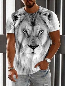 T-shirt universale RUKAS con stampa grafica leone taglio collo grigio stampa 3D stampa casual manica corta modello originale grande e alto